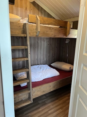 A bunk bed with a ladder, a red mattress, and a white pillow.