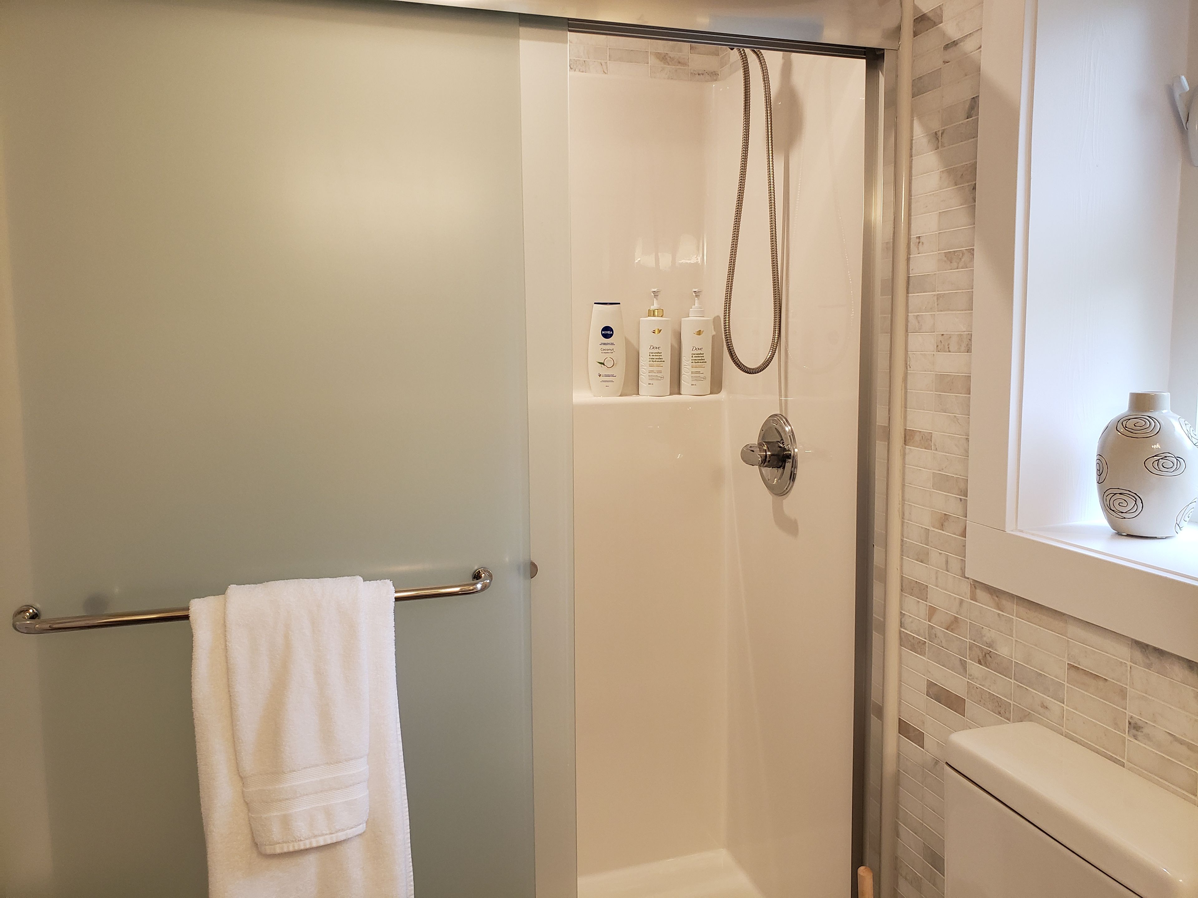 Une salle de bain avec une douche à parois de verre, une serviette blanche sur un porte-serviettes en métal et des articles de toilette accrochés au mur.