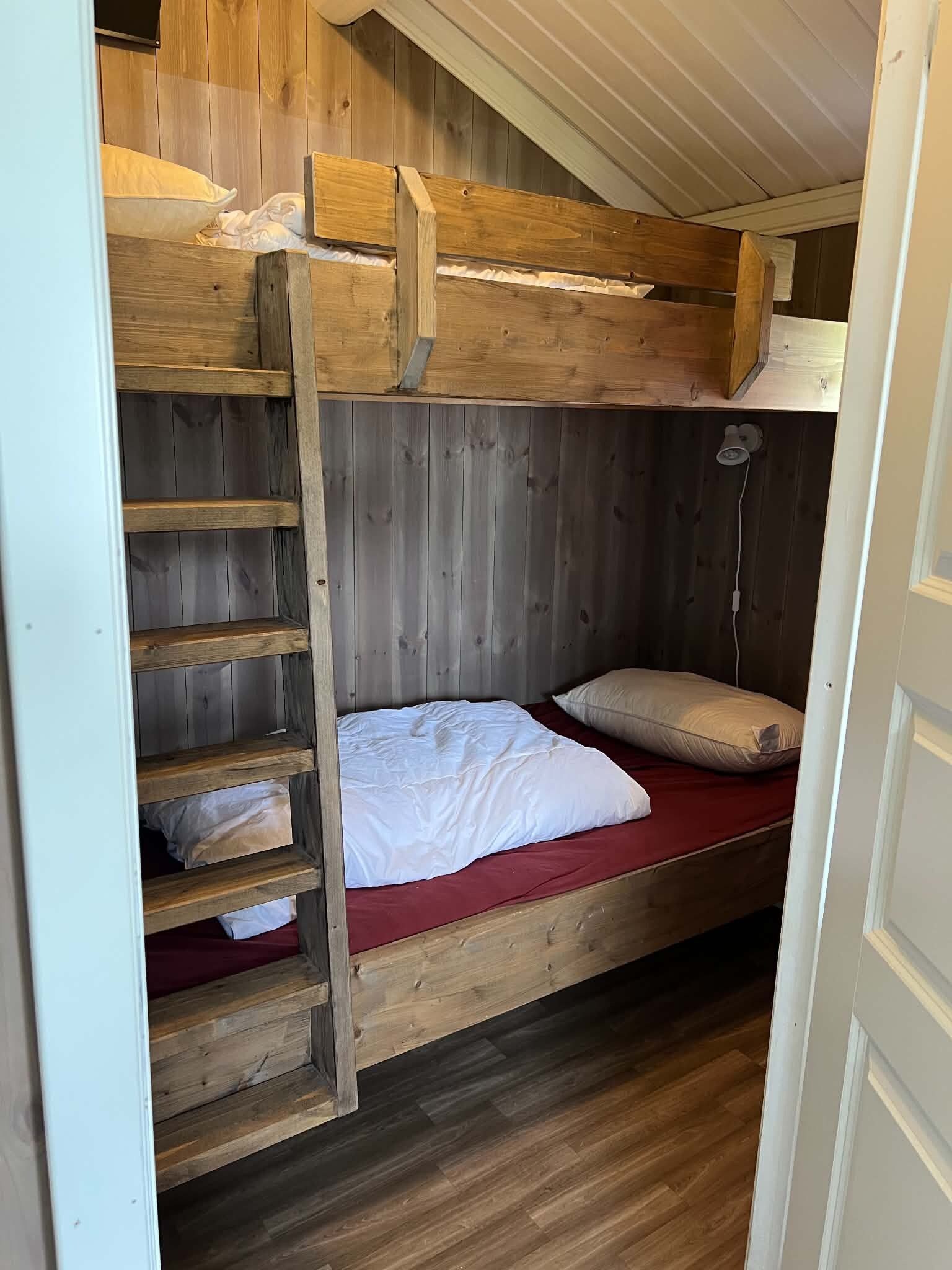A bunk bed with a ladder, a red mattress, and a white pillow.