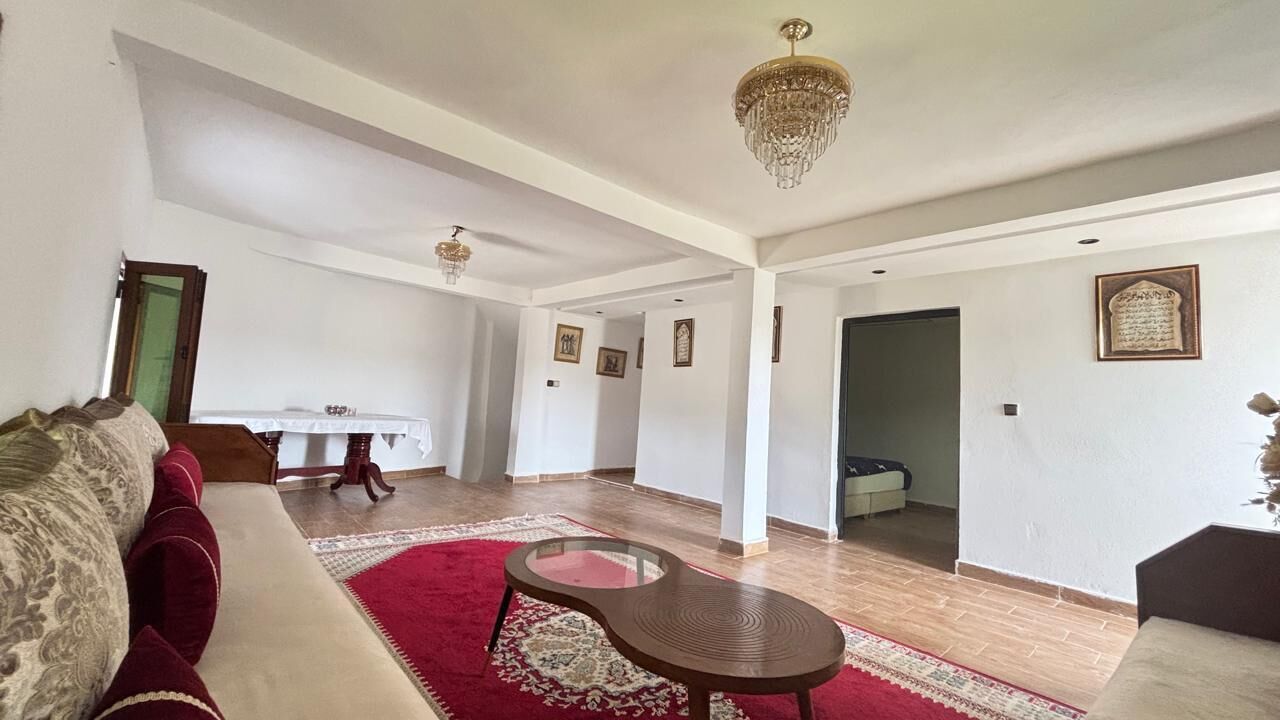 Un vaste espace de vie comprenant un canapé, une table basse et un lustre.