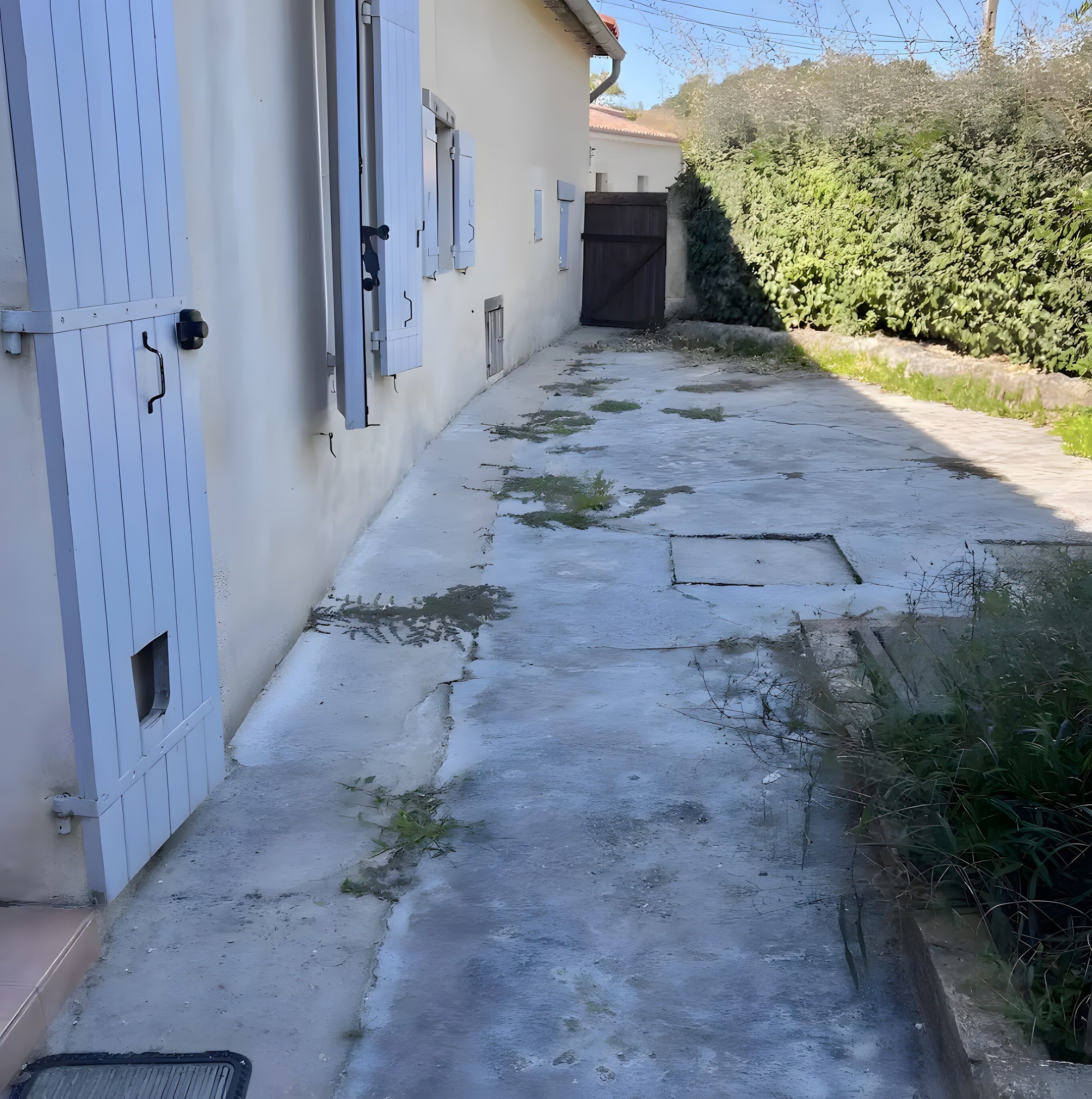 A narrow concrete pathway leading to a building with white doors and shutters.
