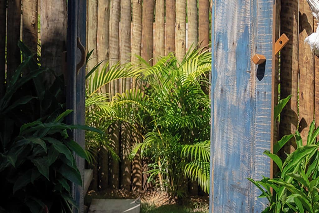Um portão de madeira com uma porta azul, cercado por plantas verdes exuberantes.