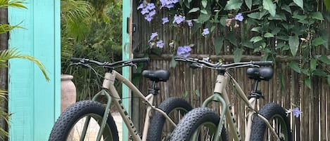 Dos bicicletas estacionadas en un jardín con cerca de madera y follaje al fondo.