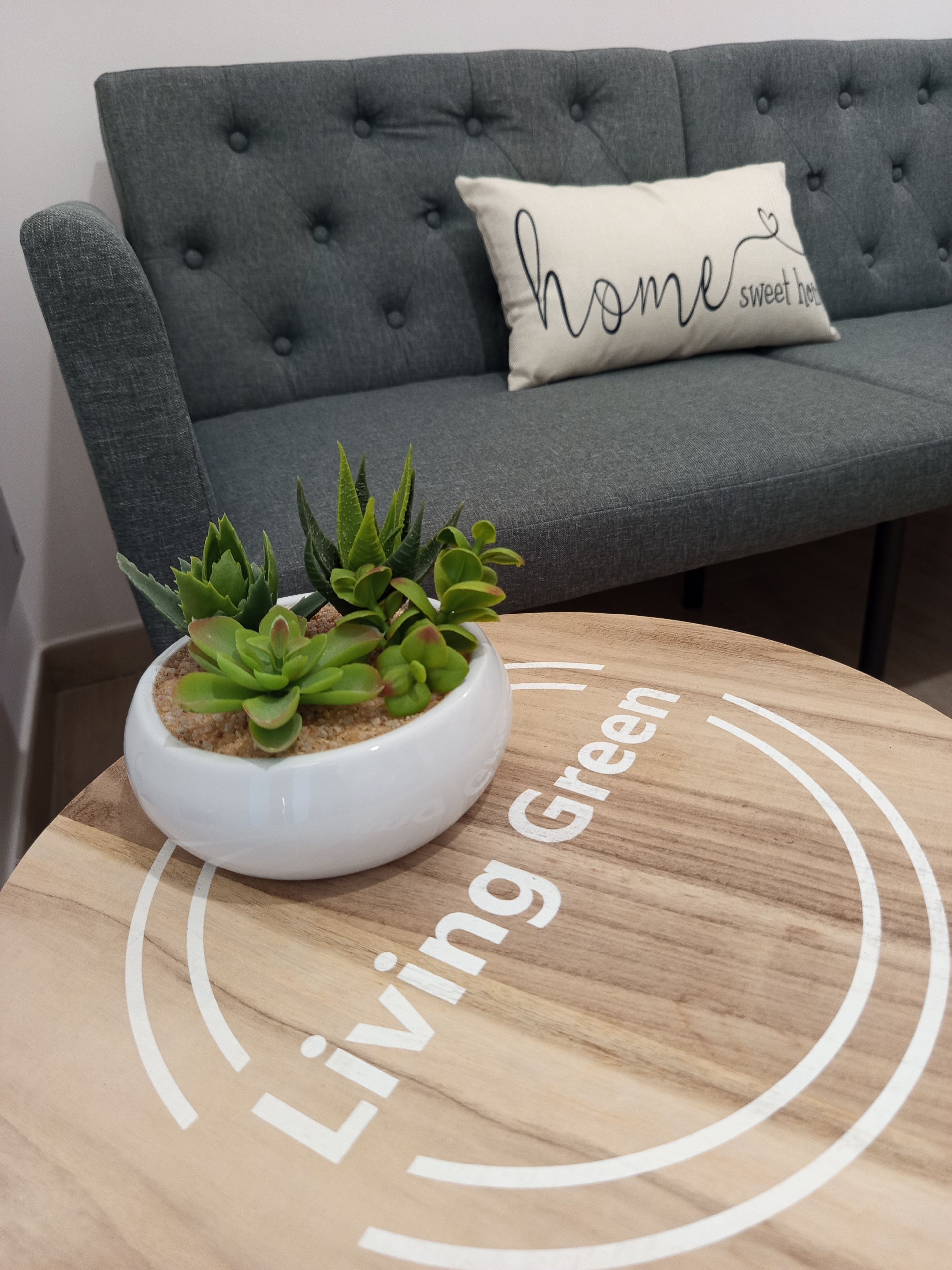 En grå sofa med tufset betræk, et pudebetræk med teksten 'home sweet home' og en hvid potte med sukkulenter på et træbord med indgraveret 'Living Green'.