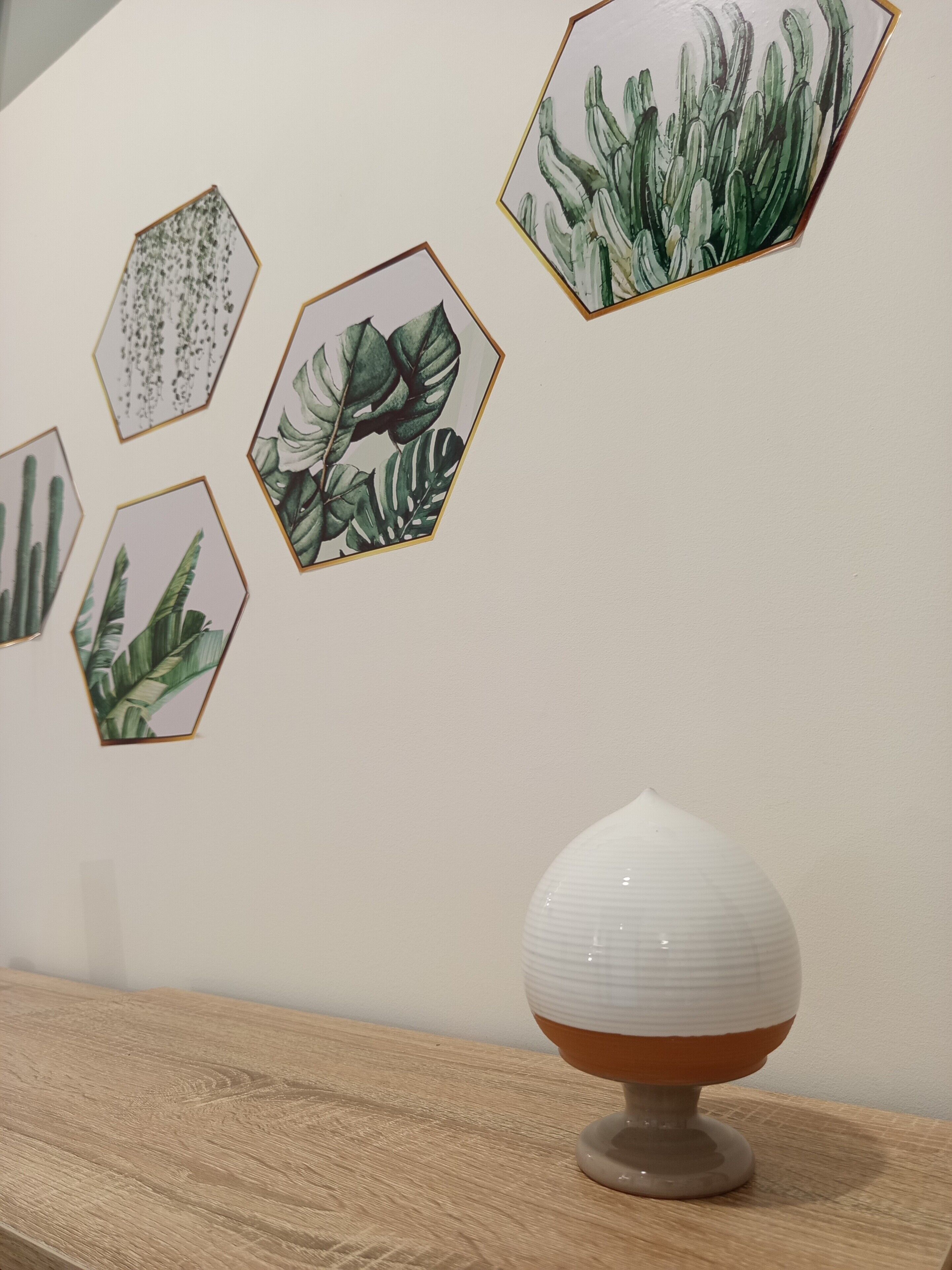 A wall with hexagonal framed botanical prints and a white textured lamp on a wooden surface.