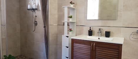 Un baño moderno con ducha, tocador y espejo.