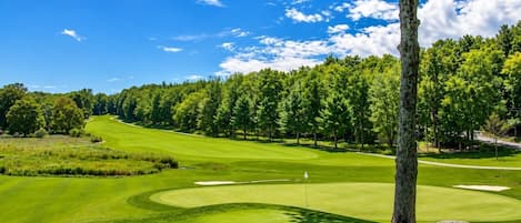 A golf course with a clear sky, trees, and a well-maintained green.