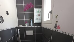 A compact bathroom with a toilet, bidet, and sink. - Maison Victoria - Haut-Allier: mountain view, balcony, countryside holiday rental (Saint-Bérain)
