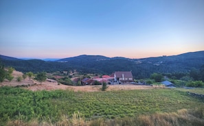A rural landscape with a house surrounded by fields and hills.