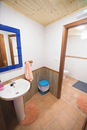A bathroom with a sink, mirror, toilet, and a wooden door.