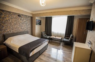 Una habitación de hotel con cama, escritorio, dos sillas, televisor y armario.