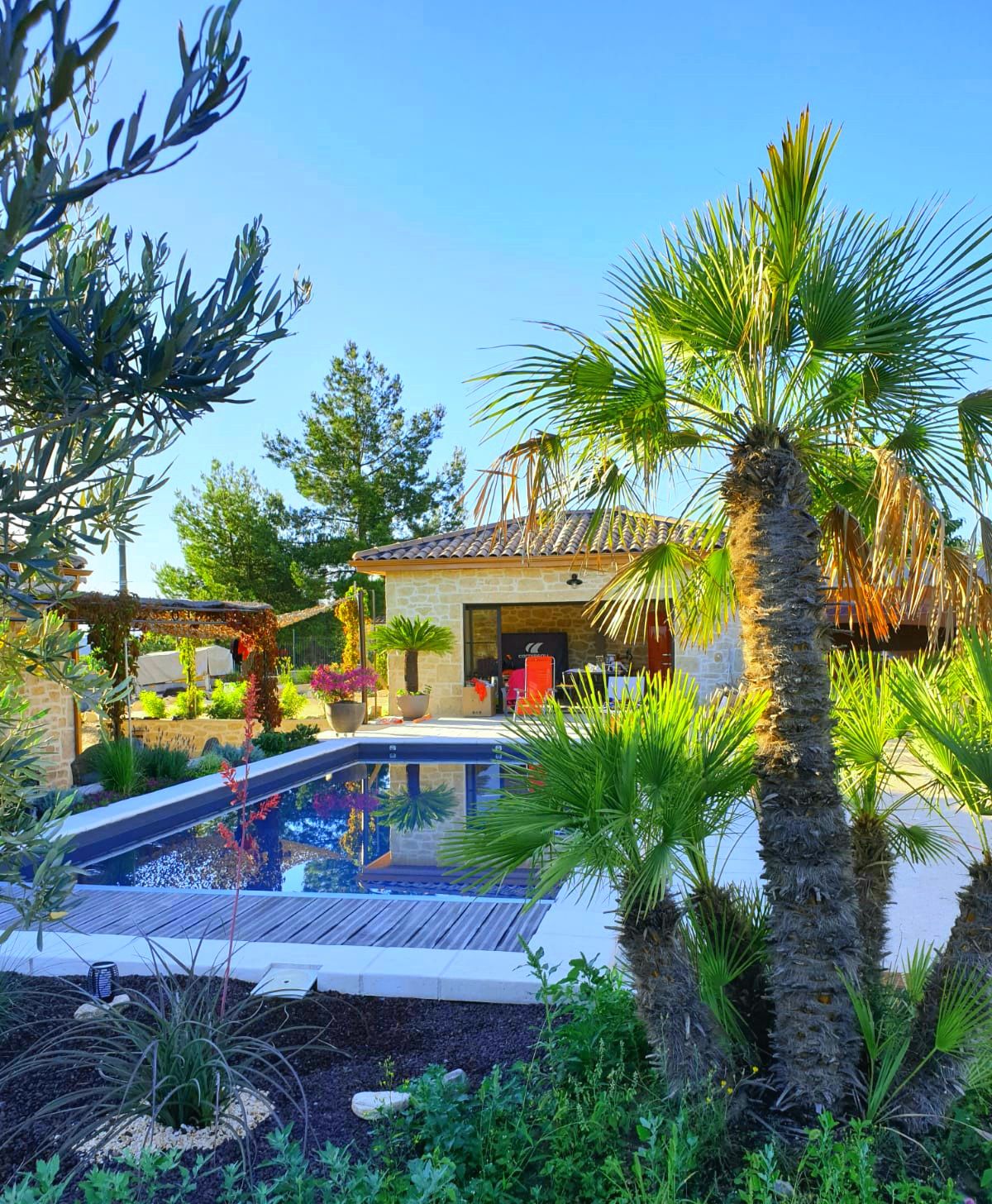 Une piscine entourée de plantes tropicales et un bâtiment en pierre avec un toit en tuiles.