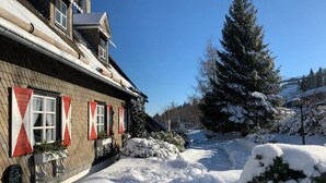 A snow-covered street with a building featuring red window shutters and a snow-covered tree.