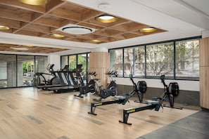 A gym with exercise equipment, large windows, and a wooden ceiling. - Charlie and the Chairman | City Views and Style (Cape Town)
