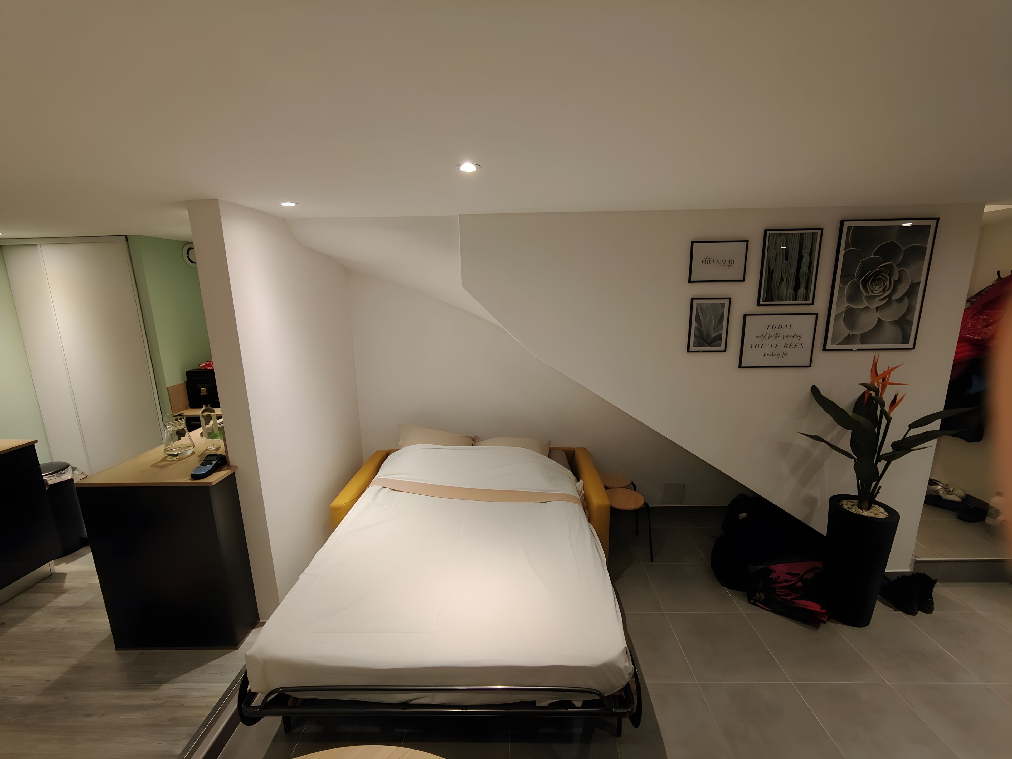 Une chambre d’hôtel avec un lit, un bureau, une chaise, une plante en pot et des œuvres d’art accrochées aux murs.