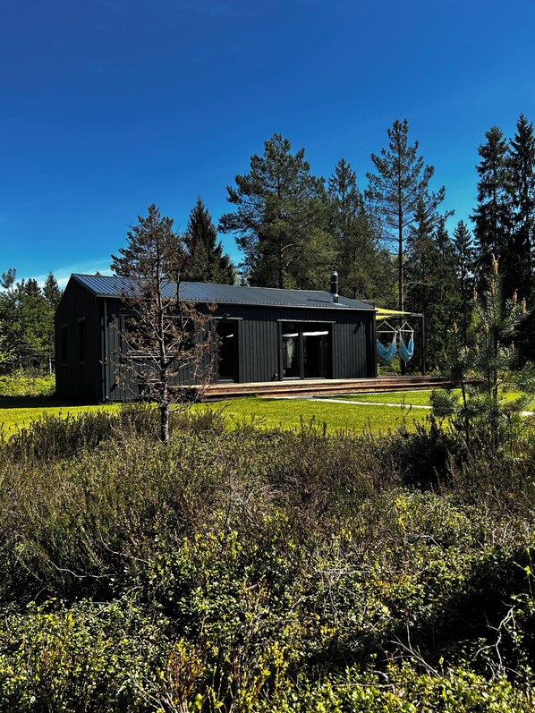 A modern building with a sloped roof, a large open doorway, and a small attached structure with a hanging hammock.