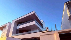 Un bâtiment moderne doté d’un toit plat, d’une grande porte de garage et d’une allée pavée.