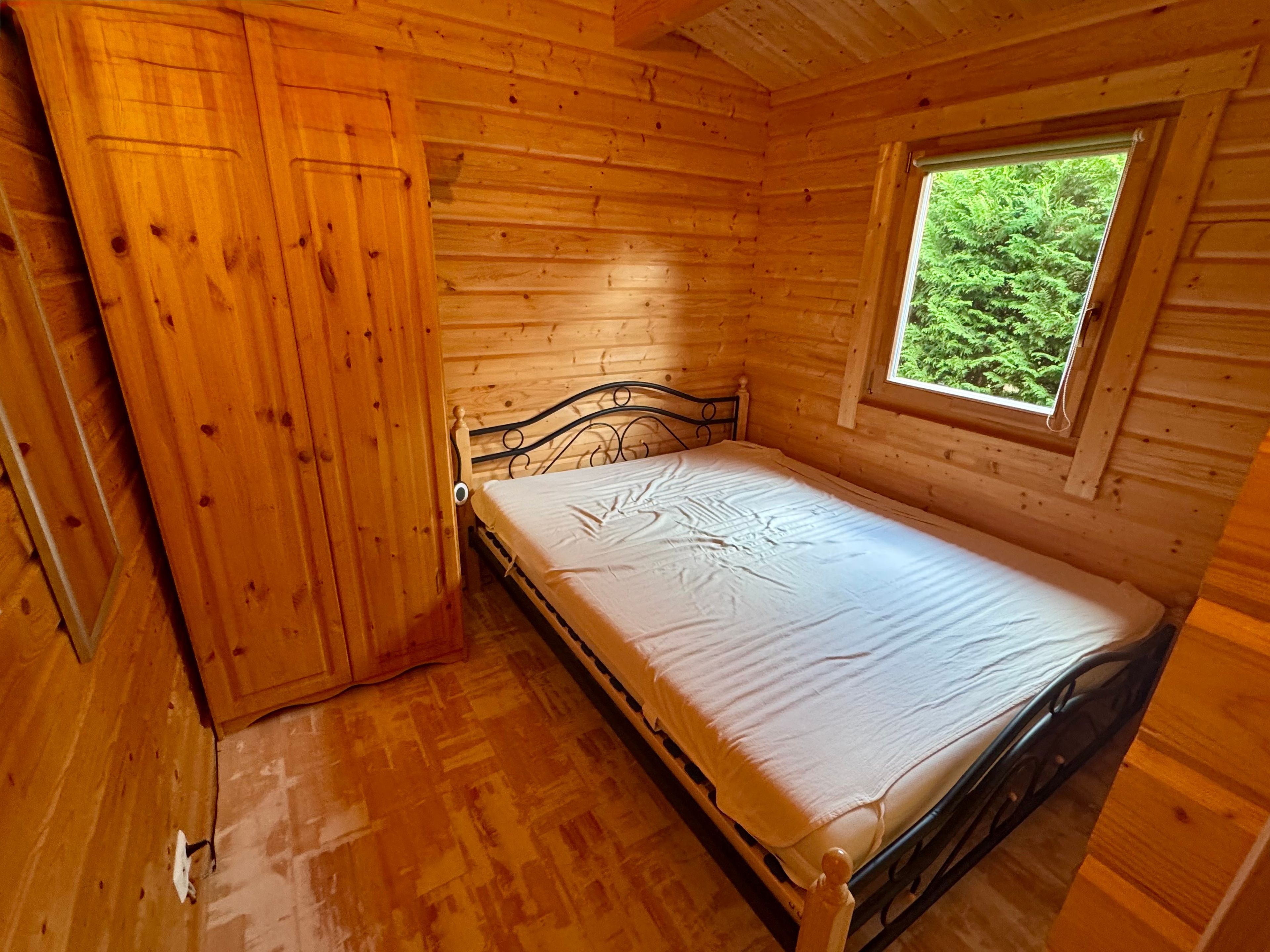 Habitación de cabaña de madera con una cama individual, una ventana con vistas a follaje y una puerta.