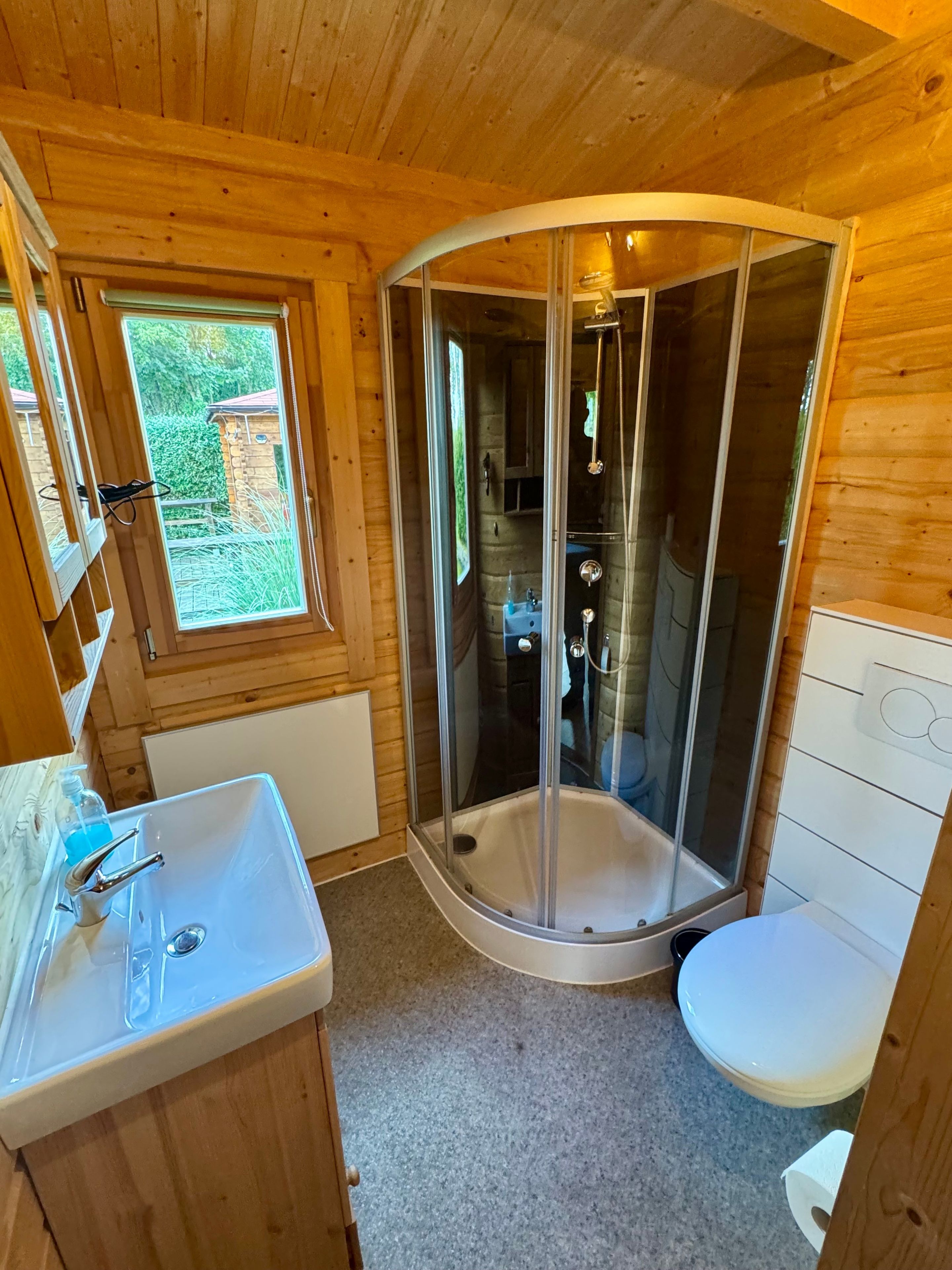 Ein Badezimmer einer Holzhütte mit Dusche, Waschbecken und Toilette.