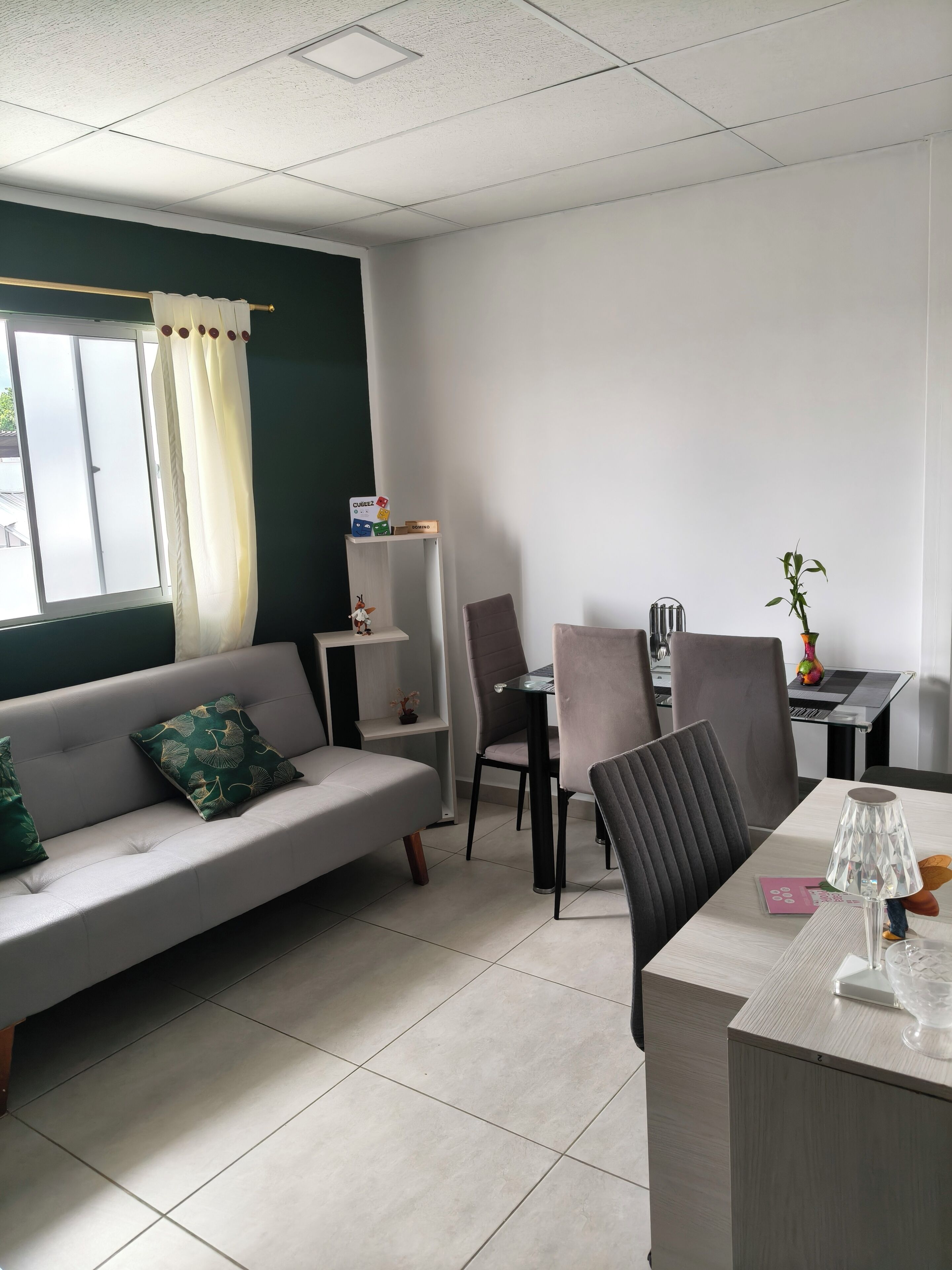Een moderne woonkamer met een bank, eettafel, stoelen en een kleine plant.
