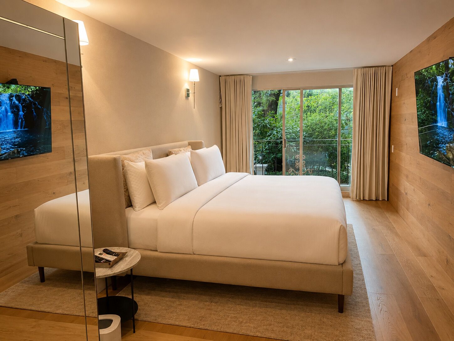 Habitación de hotel moderna con una cama grande, una mesita de noche pequeña, un televisor montado en la pared y un ventanal con cortinas.