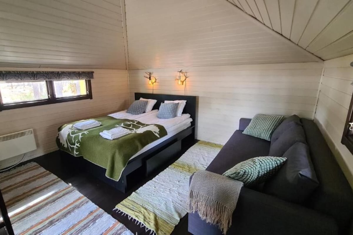Een kamer met een bed, een bank, een raam en een wandheater.
