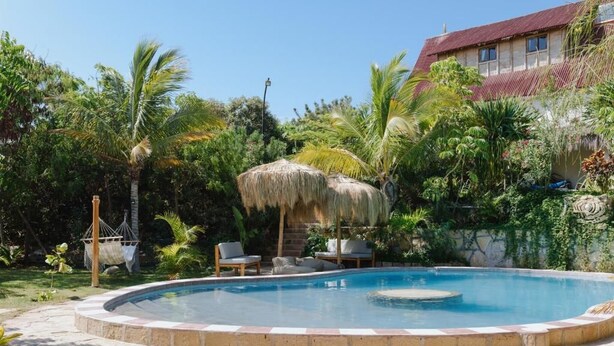 Una piscina circular con una estructura de techo de paja, rodeada de palmeras y un muro de piedra.