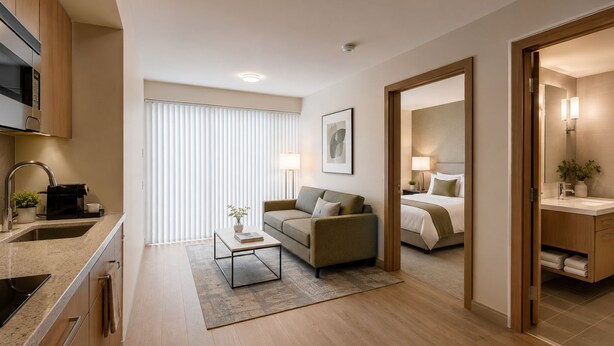 Quarto de hotel moderno com cozinha compacta, sofá, cama e banheiro.