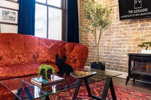 A red velvet sofa, a glass coffee table with a book, a potted plant, and a black cat. - Walk to Bourbon | Spacious & Bright 2BD in CBD (New Orleans)