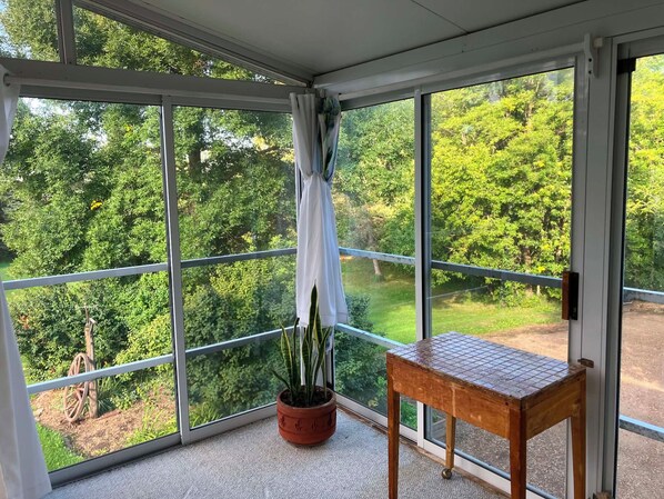 A conservatory with a wooden table and a potted plant, large windows, and a view of a green landscape.