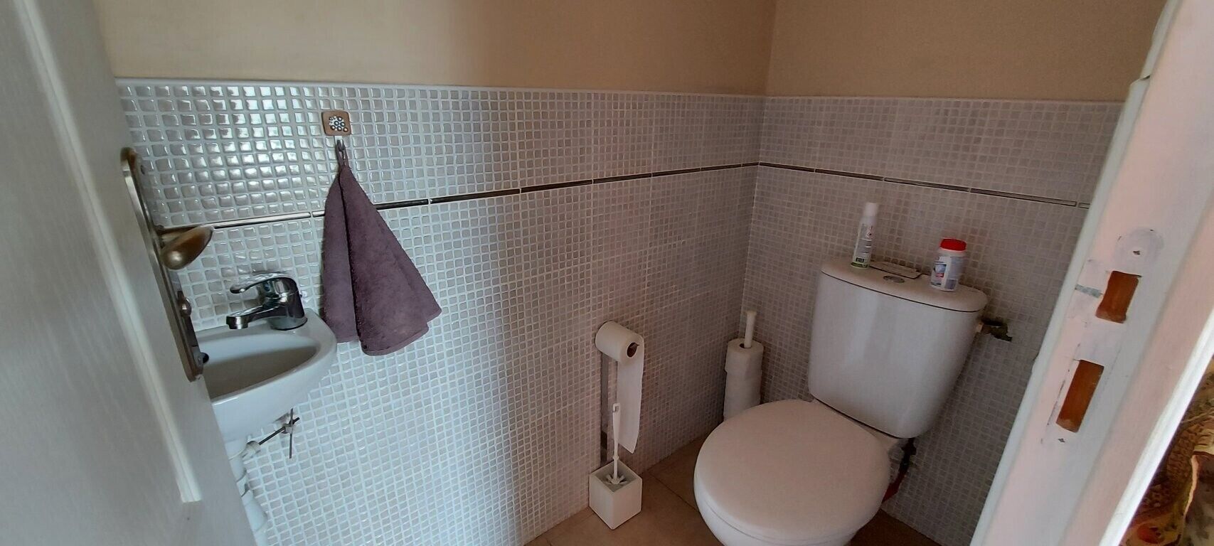 A small bathroom with a toilet, a sink, and a towel hanging on the wall.