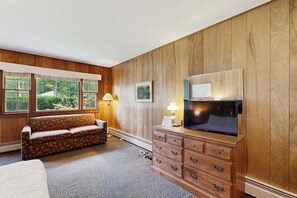 A hotel room with a wooden paneled wall, a sofa, a TV on a wooden cabinet, and a window with a view of greenery.