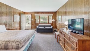 Ein Zimmer mit einem Bett, einem Schlafsofa, einem Fernseher und einem Schminktisch.