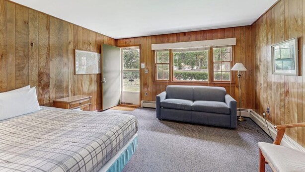 Ein Zimmer mit Holzwänden, einem Bett mit Karo-Bettdecke, einem grauen Sofa und einem Fenster mit Blick auf Grünflächen.
