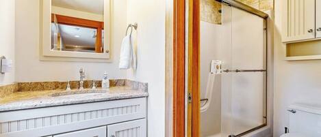 A bathroom with a shower, toilet, and vanity with a mirror and sink.