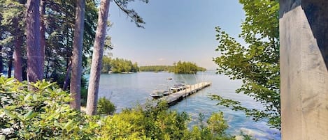 A lakeside view with docked boats, surrounded by dense greenery and tall trees.