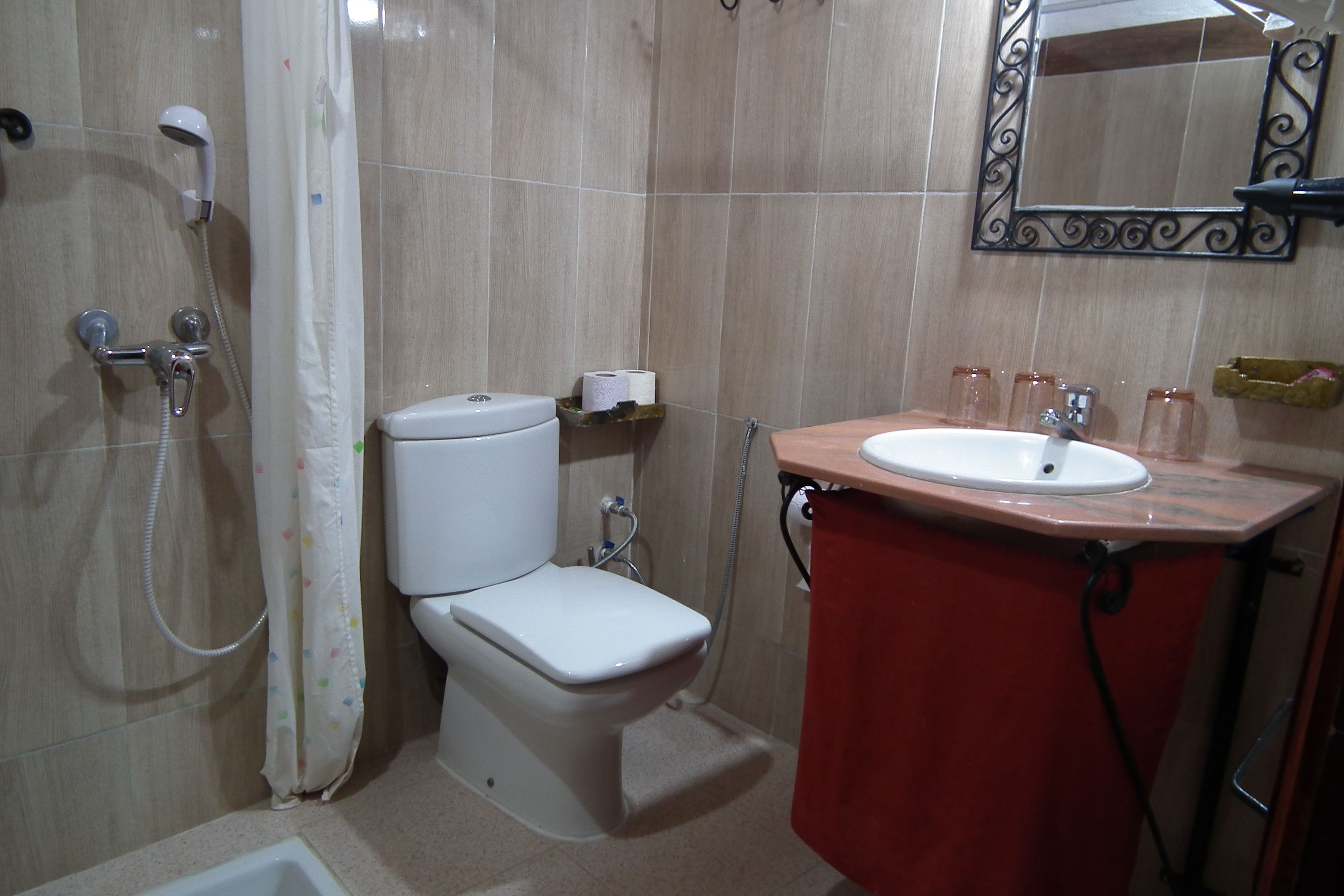 Un baño con inodoro, ducha y lavabo.