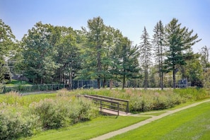 A park with a wooden bench, a walking path, and a variety of trees. - Charming 2BR Lakeview 2nd-floor - Balcony - Pool (Laconia)