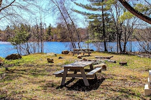A lakeside picnic area with benches and a table, surrounded by trees and rocks. - Cozy 2BR Dog Friendly - Beach Down the street (Moultonborough)