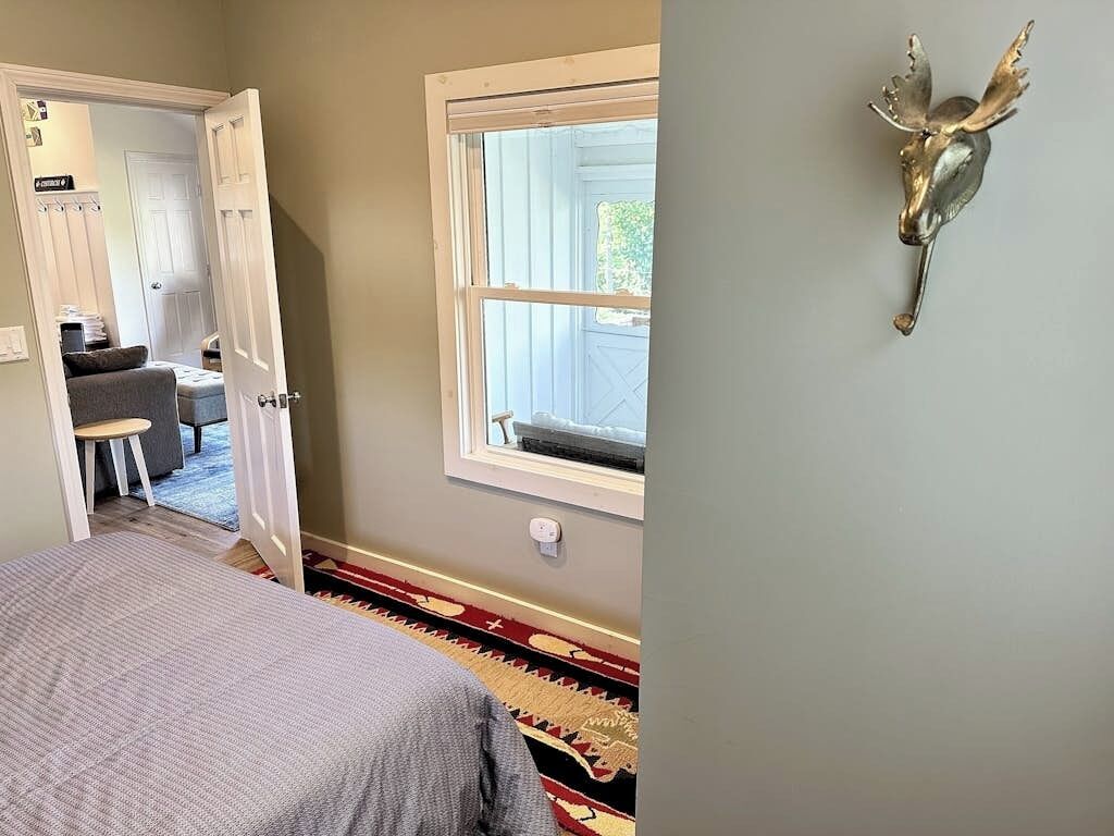 A bedroom with a bed, a window, a door leading to a hallway, and a wall-mounted moose head decoration.