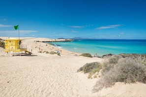 Ein Strand mit einem Rettungsturm, klarem blauen Wasser und Sanddünen.