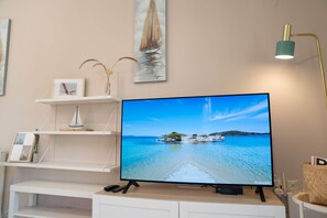 Una televisió sobre un prestatge blanc, amb un comandament a distància, un quadre amb marc, una maqueta de veler i un vas amb plantes seques.