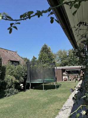 Un patio trasero con un trampolín, un cobertizo de madera y una casa con techo inclinado.