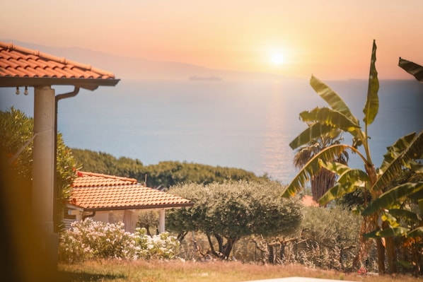 A coastal property with a house featuring a red-tiled roof, surrounded by lush vegetation and a view of the sea.