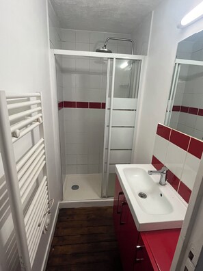 Une salle de bain avec une douche, un lavabo et un miroir.