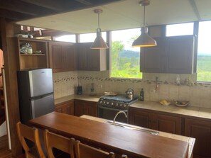 Une cuisine avec des meubles en bois, un réfrigérateur, une cuisinière et des luminaires suspendus.