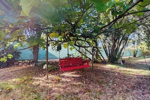 Eine rote Bank unter einem Baum in einem Park, im Hintergrund Zäune und Bäume.