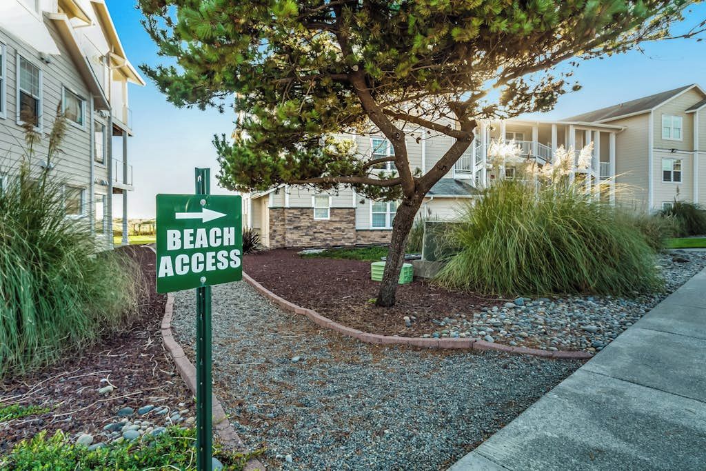 A sign indicating beach access, surrounded by a landscaped area with a tree and shrubs.