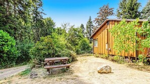 A wooden cabin with a picnic table and a dirt path leading to it, surrounded by dense forest.