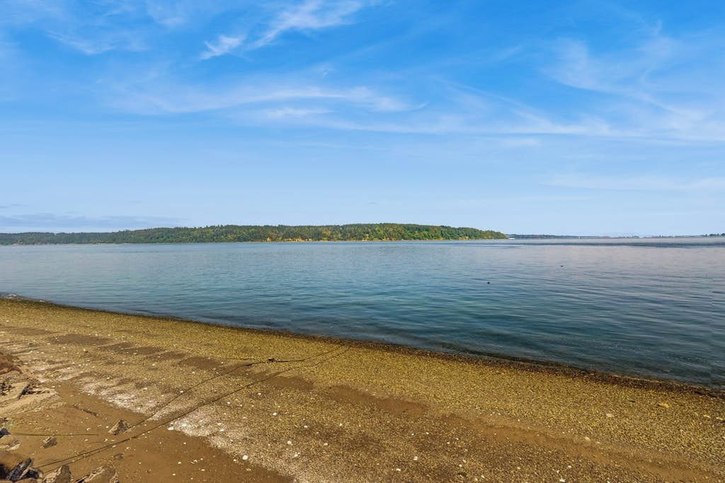 Een rustig meer met een kiezelstrand en een afgelegen bosrijk eiland.